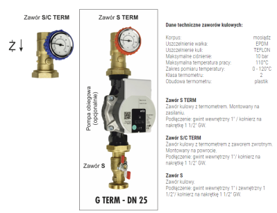 Przypompowy zawór kulowy S/C TERM 1 1/4" z mosiężną nakrętką G 2", uszczelką EPDM